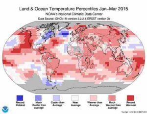 خريطة لدرجات الحرارة حول العالم في 2015 وتظهر فيها مصر والمنطقة العربية 2015 اسخن من المعتاد سنويا