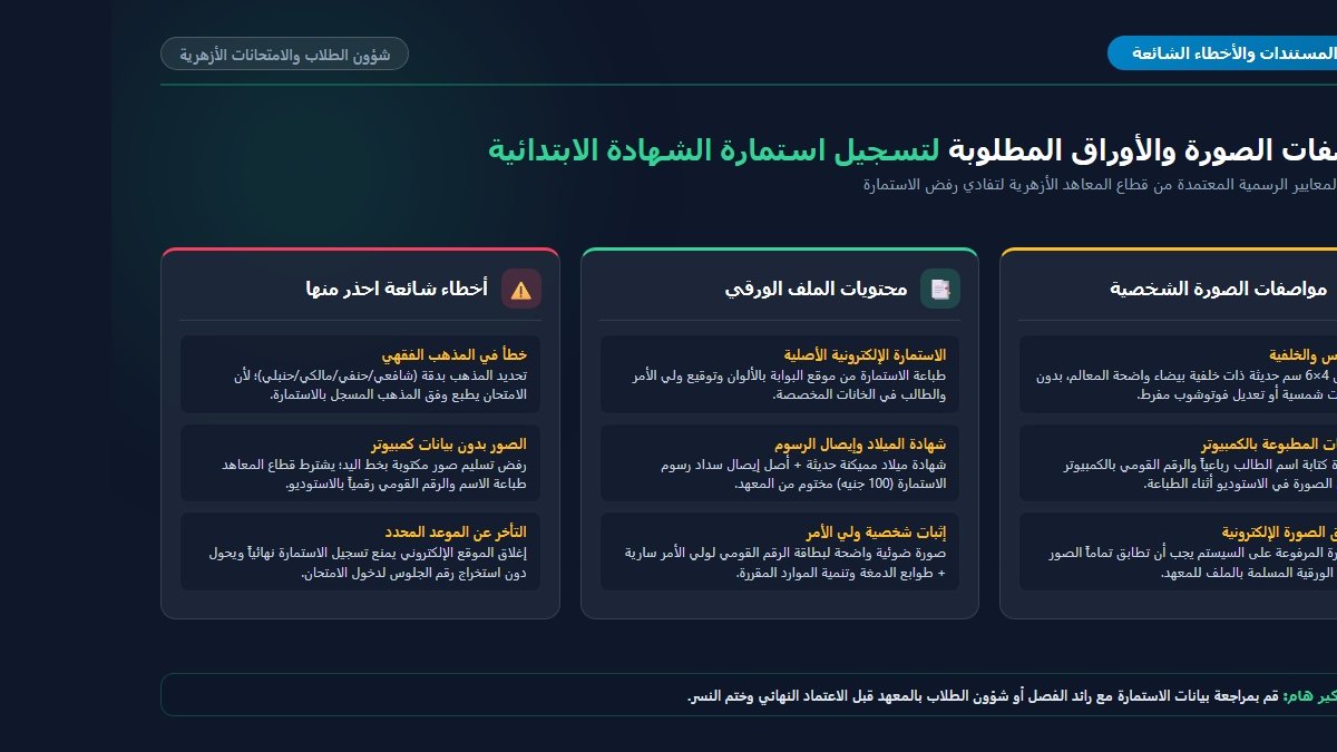 مواصفات الصورة الشخصية والأوراق المطلوبة لاستمارة الشهادة الابتدائية الأزهرية 2026-2027