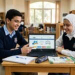 طلاب الصف الأول الإعدادي في الفصل الدراسي مع كتب المناهج الجديدة للعام الدراسي 2026-2027 في مصر