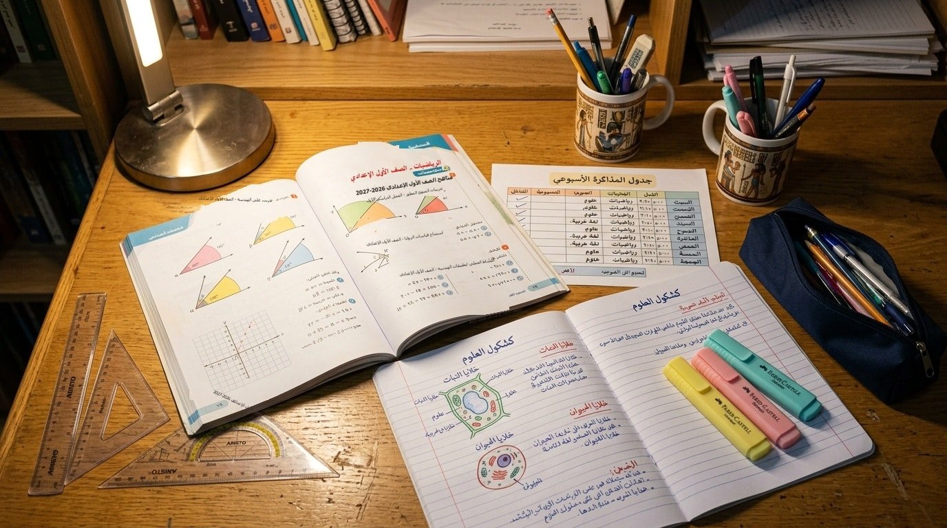 مكتب استذكار وكشكول الواجب لمناهج الصف الأول الإعدادي 2026-2027 مع رسومات مادة العلوم وأدوات الهندسة