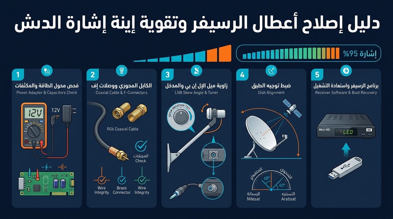 انفوجرافيك دليل إصلاح أعطال الرسيفر وتقوية إشارة الدش نايل سات وعرب سات 2026-2027